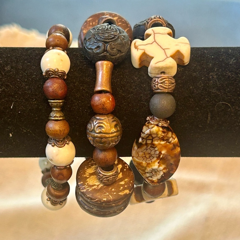 Handmade Boho Bracelet Bundle | Wood, Stone, Earthy Neutrals (Set of 3) - Picture 3 of 6